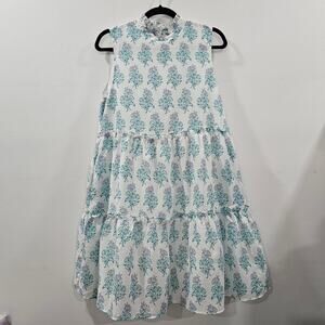 J. Marie Cecilia Dress Ruffle Neck Sleeveless Women Small White Blue Green